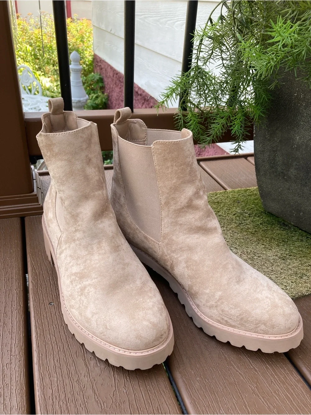Lane Bryant Size 12W tan faux suede chunky lug sole ankle boots